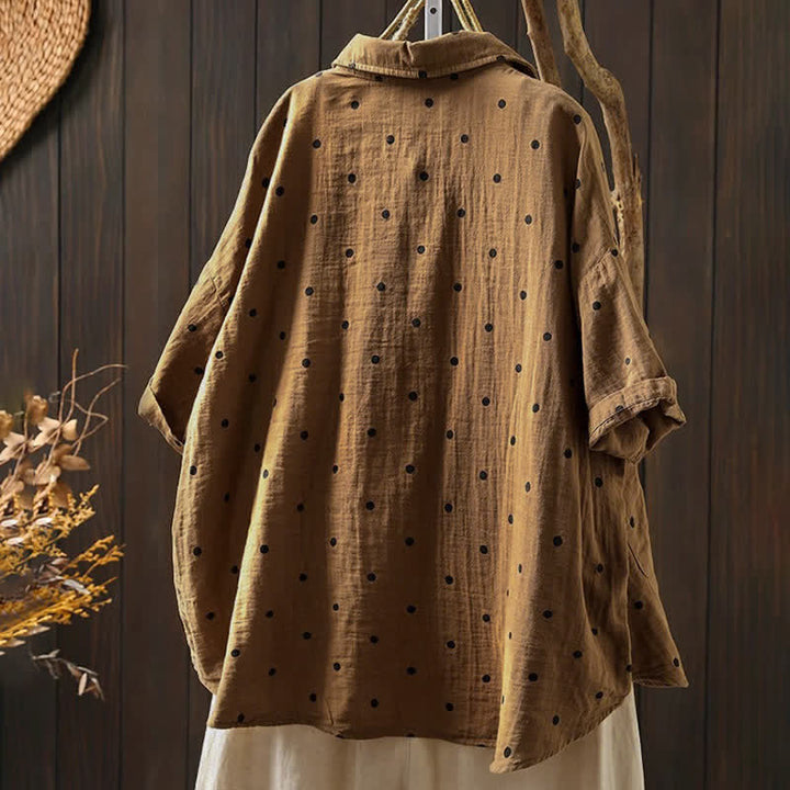 Buddha Stones Camisa de algodón de manga corta con estampado de lunares y solapa para mujer, con bolsillos. - image 15