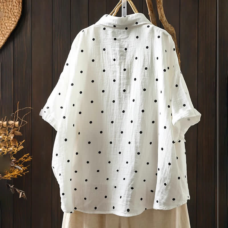 Buddha Stones Camisa de algodón de manga corta con estampado de lunares y solapa para mujer, con bolsillos. - image 3