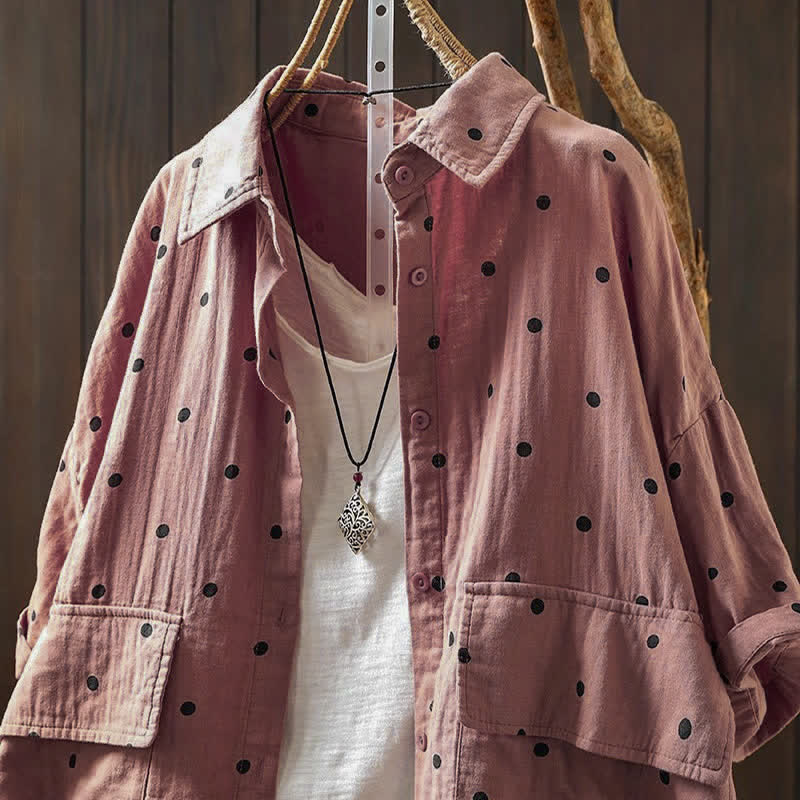 Buddha Stones Camisa de algodón de manga corta con estampado de lunares y solapa para mujer, con bolsillos. - image 1