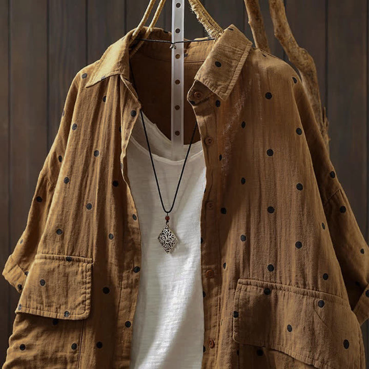 Buddha Stones Camisa de algodón de manga corta con estampado de lunares y solapa para mujer, con bolsillos. - image 13