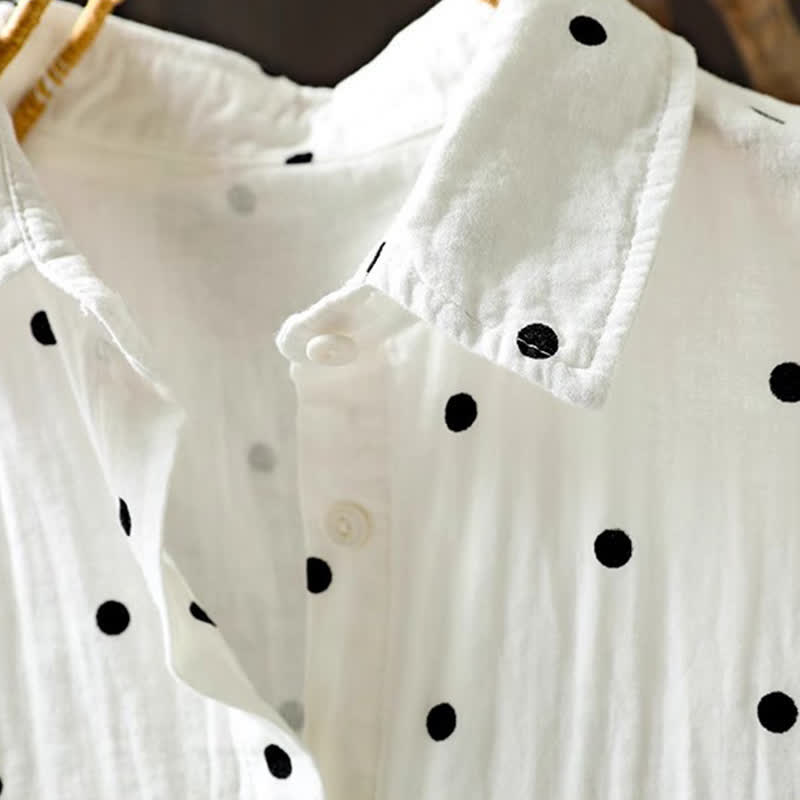 Buddha Stones Camisa de algodón de manga corta con estampado de lunares y solapa para mujer, con bolsillos. - image 7