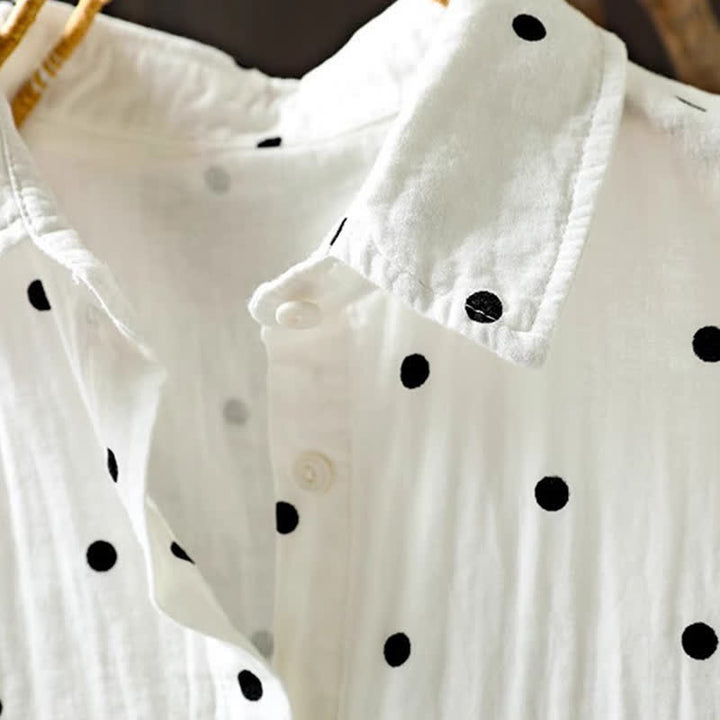 Buddha Stones Camisa de algodón de manga corta con estampado de lunares y solapa para mujer, con bolsillos. - image 7