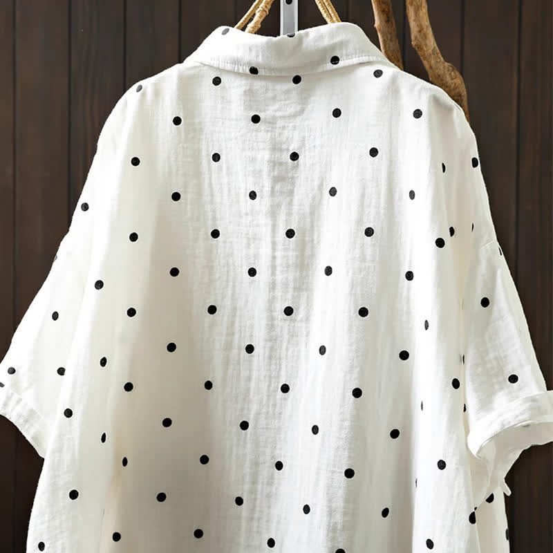 Buddha Stones Camisa de algodón de manga corta con estampado de lunares y solapa para mujer, con bolsillos. - image 5