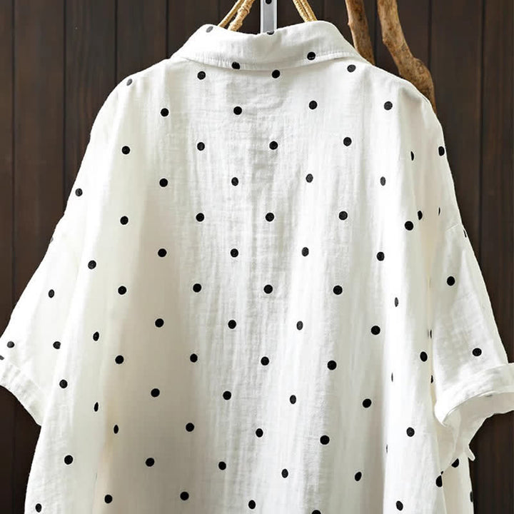 Buddha Stones Camisa de algodón de manga corta con estampado de lunares y solapa para mujer, con bolsillos. - image 5