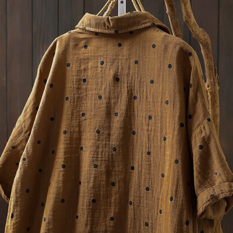 Buddha Stones Camisa de algodón de manga corta con estampado de lunares y solapa para mujer, con bolsillos. - image 14