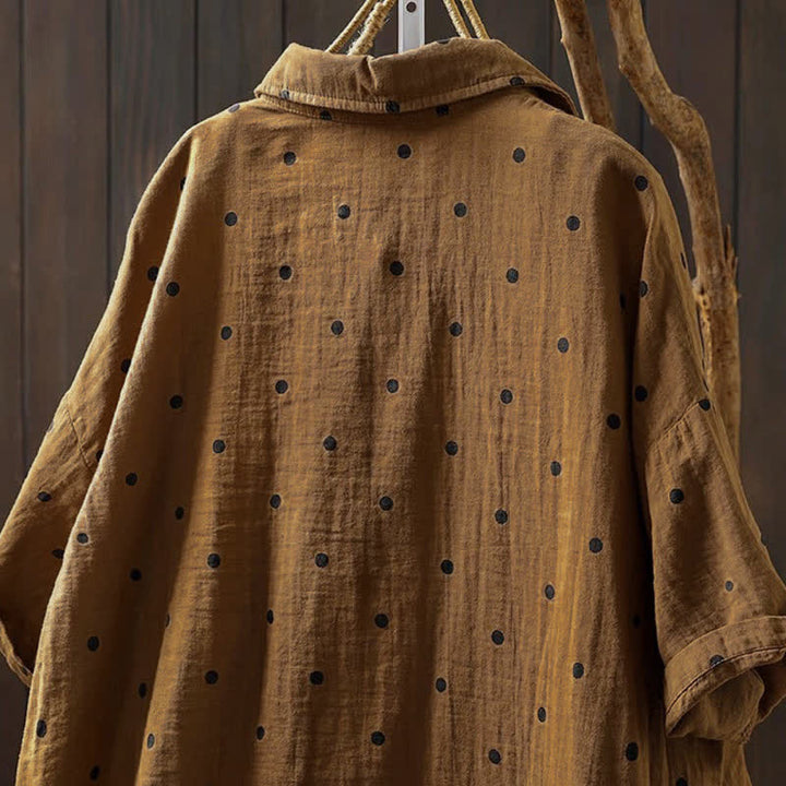 Buddha Stones Camisa de algodón de manga corta con estampado de lunares y solapa para mujer, con bolsillos. - image 14
