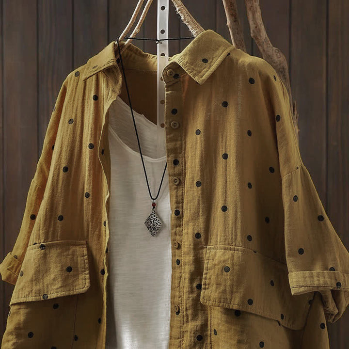 Buddha Stones Camisa de algodón de manga corta con estampado de lunares y solapa para mujer, con bolsillos. - image 11