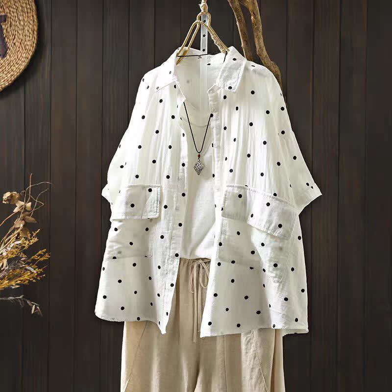 Buddha Stones Camisa de algodón de manga corta con estampado de lunares y solapa para mujer, con bolsillos. - Blanco - US12, UK/AU16, EU44 (2XL) - image 2