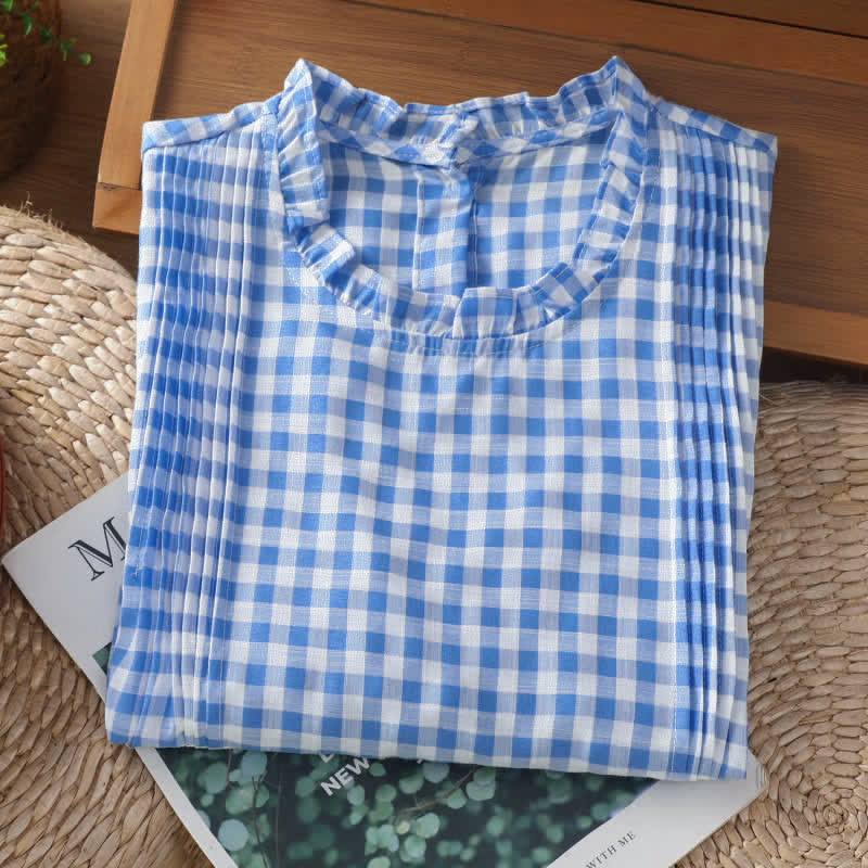Camiseta sin mangas para mujer con cuello redondo, volantes y botones en la espalda, con estampado de cuadros veraniegos y Buddha Stones. - image 11