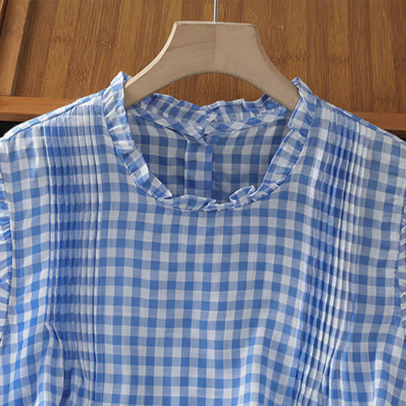 Camiseta sin mangas para mujer con cuello redondo, volantes y botones en la espalda, con estampado de cuadros veraniegos y Buddha Stones. - image 4