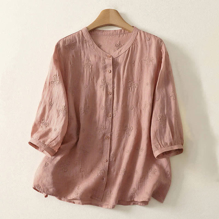 Buddha Stones Camisa retro de manga corta para mujer con botones y bordado floral. - Salmón oscuro - US8-10，UK/AU12-14，EU40-42 (2XL) - image 4