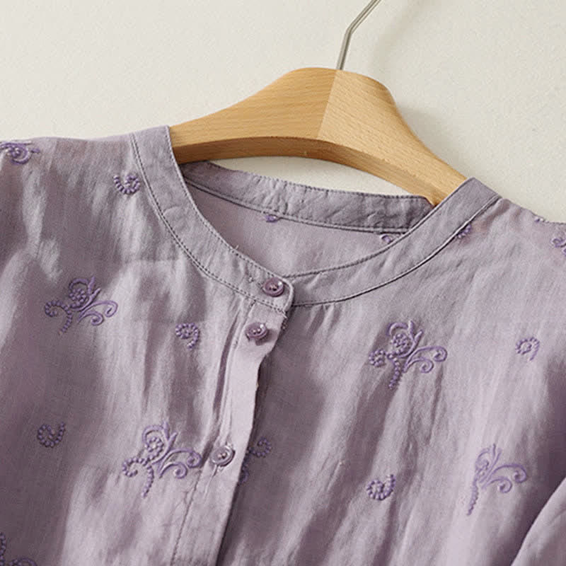 Buddha Stones Camisa retro de manga corta para mujer con botones y bordado floral. - image 1