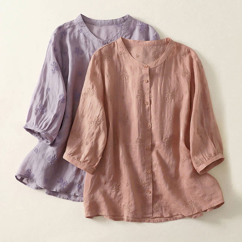 Buddha Stones Camisa retro de manga corta para mujer con botones y bordado floral. - image 13