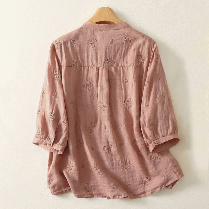 Buddha Stones Camisa retro de manga corta para mujer con botones y bordado floral. - image 5