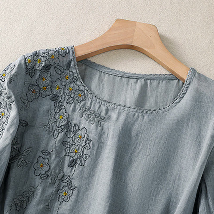 Buddha Stones Camisa de mujer de manga corta y cuello redondo con bordado retro y estampado floral. - image 8