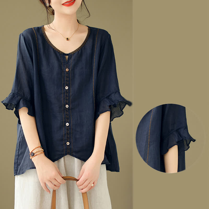 Buddha Stones Camisa de mujer de manga corta acampanada con cuello redondo y botones bordados - image 18