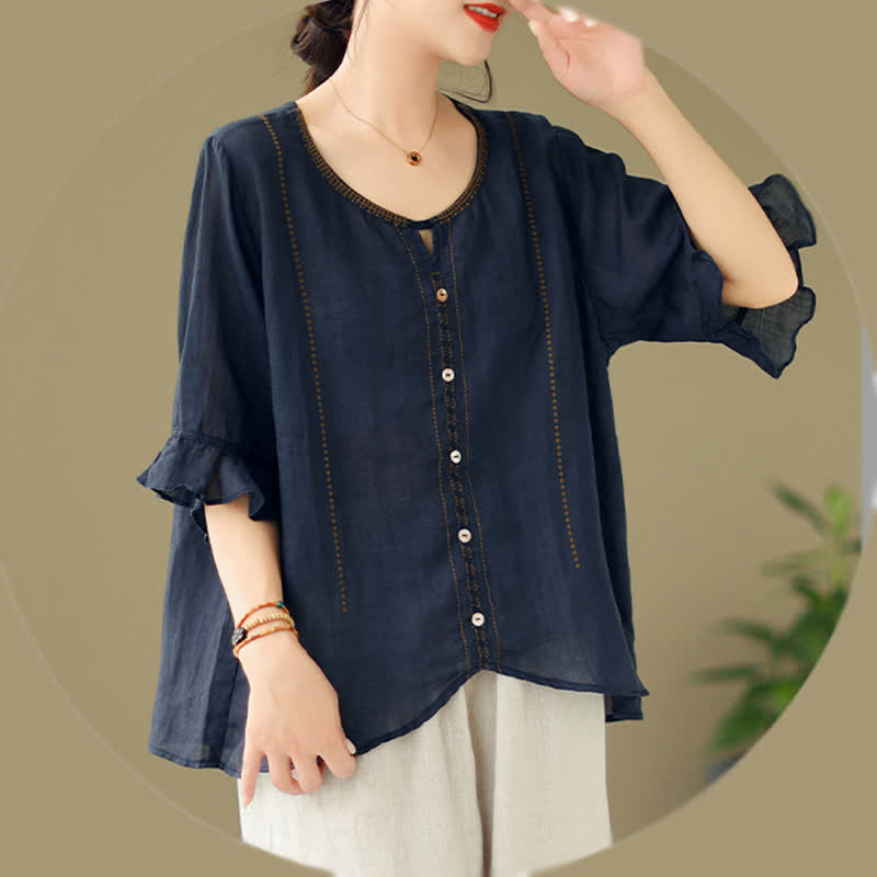 Buddha Stones Camisa de mujer de manga corta acampanada con cuello redondo y botones bordados - image 15