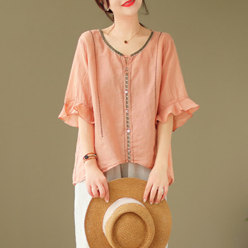 Buddha Stones Camisa de mujer de manga corta acampanada con cuello redondo y botones bordados - image 22