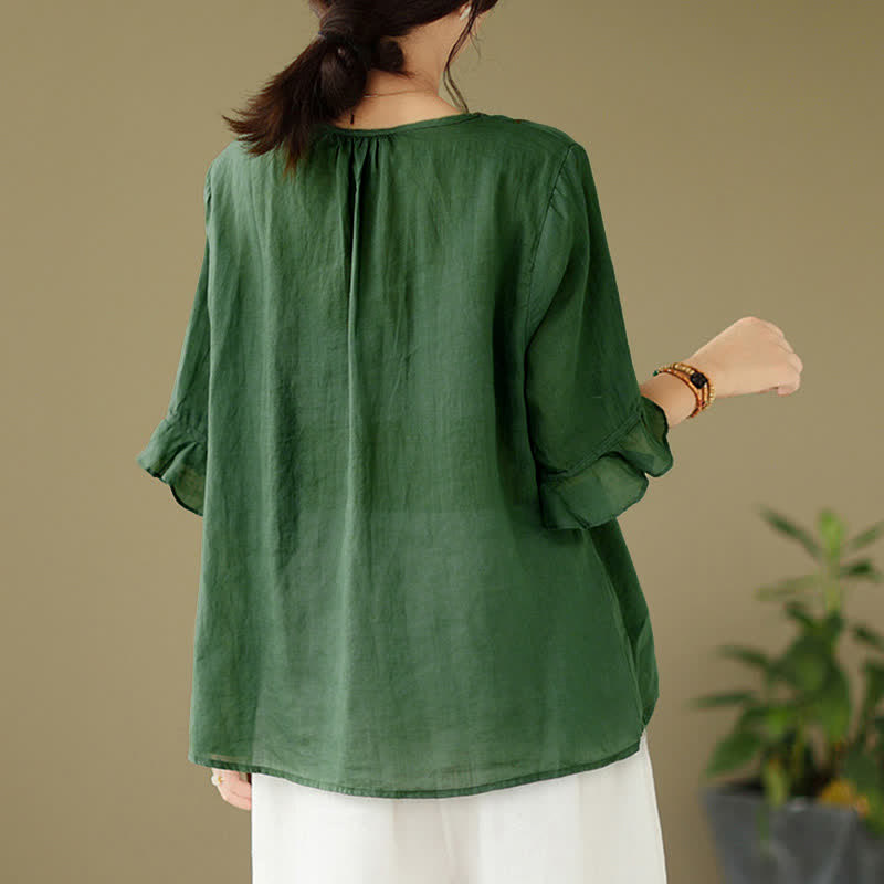 Buddha Stones Camisa de mujer de manga corta acampanada con cuello redondo y botones bordados - image 10