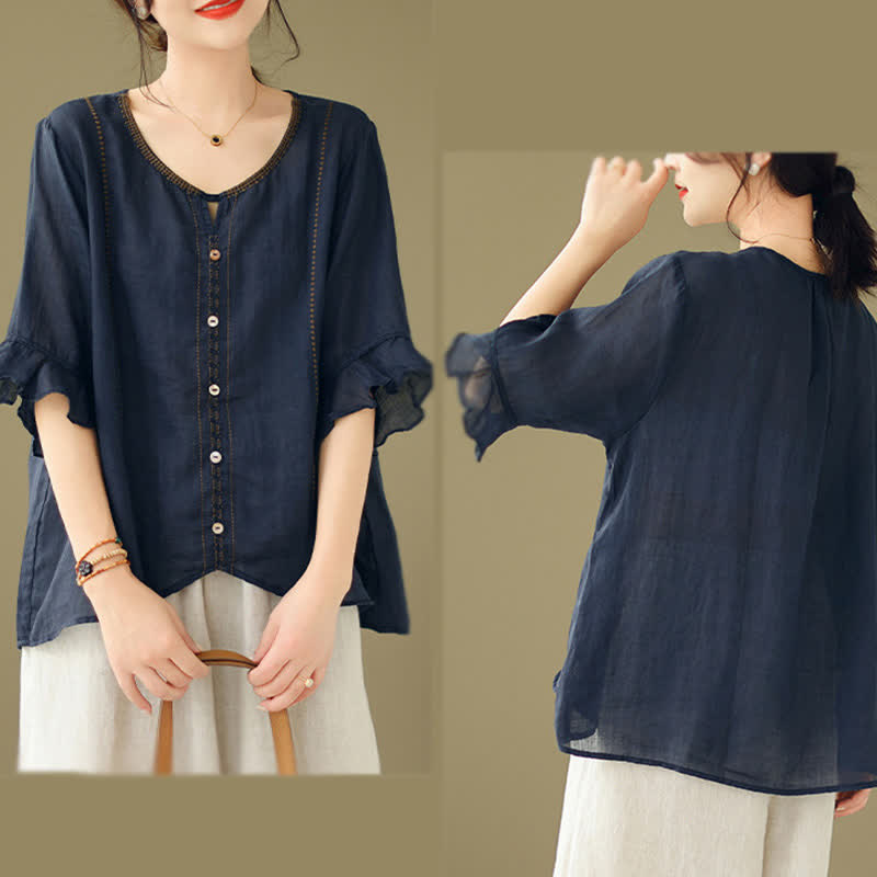 Buddha Stones Camisa de mujer de manga corta acampanada con cuello redondo y botones bordados - image 19