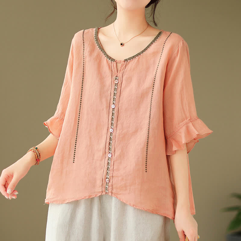 Buddha Stones Camisa de mujer de manga corta acampanada con cuello redondo y botones bordados - image 21
