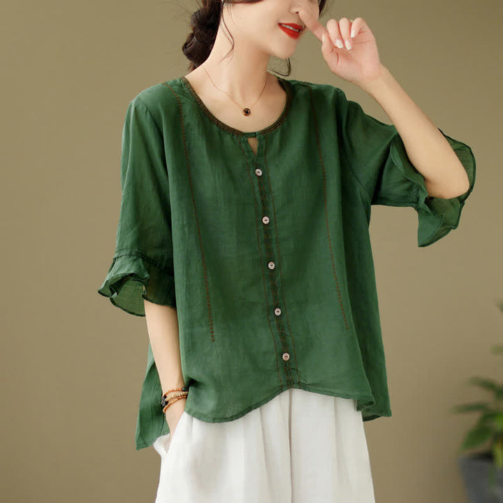 Buddha Stones Camisa de mujer de manga corta acampanada con cuello redondo y botones bordados - Verde oscuro - Tejido ligero - image 6