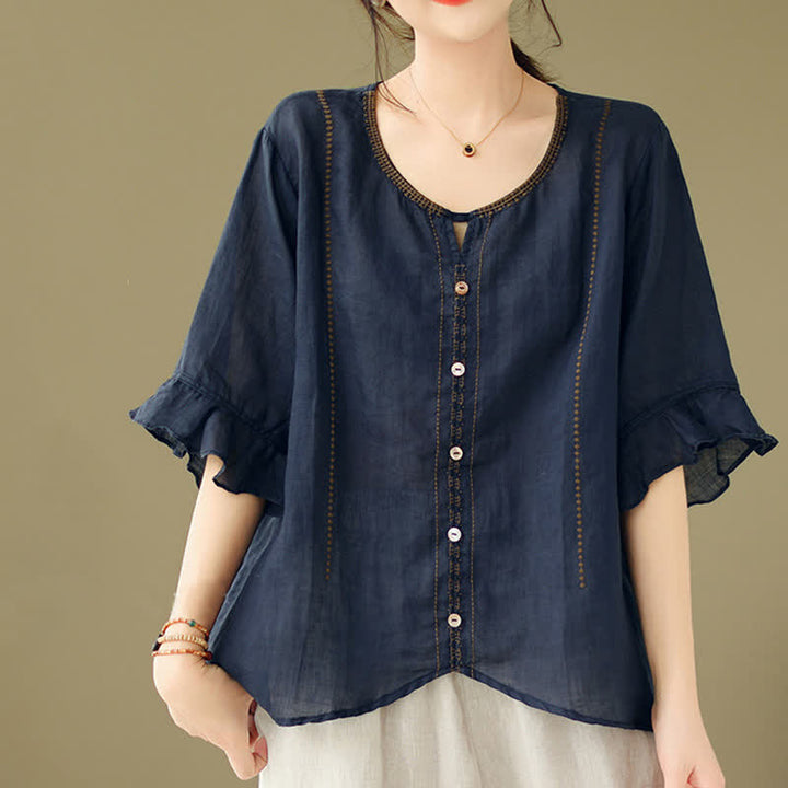 Buddha Stones Camisa de mujer de manga corta acampanada con cuello redondo y botones bordados - image 16