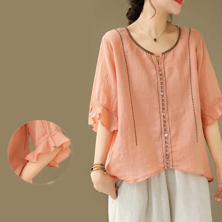 Buddha Stones Camisa de mujer de manga corta acampanada con cuello redondo y botones bordados - image 23