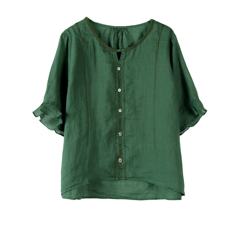 Buddha Stones Camisa de mujer de manga corta acampanada con cuello redondo y botones bordados - image 12