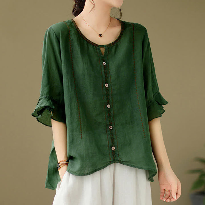 Buddha Stones Camisa de mujer de manga corta acampanada con cuello redondo y botones bordados - image 9