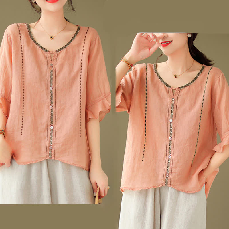 Buddha Stones Camisa de mujer de manga corta acampanada con cuello redondo y botones bordados - image 24