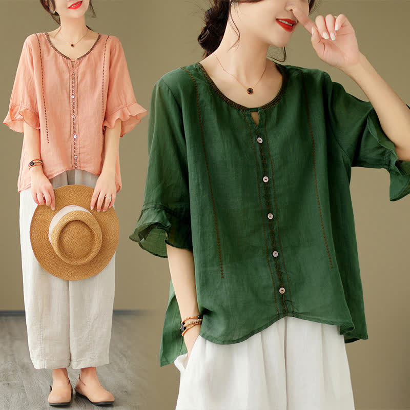Buddha Stones Camisa de mujer de manga corta acampanada con cuello redondo y botones bordados - image 25
