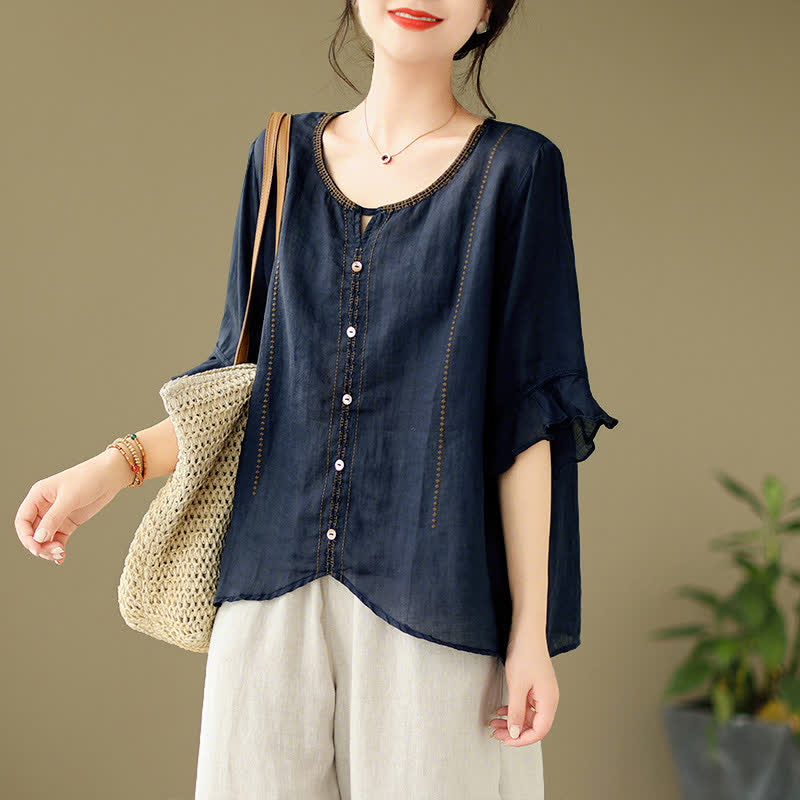 Buddha Stones Camisa de mujer de manga corta acampanada con cuello redondo y botones bordados - Azul medianoche - Tejido ligero - image 13