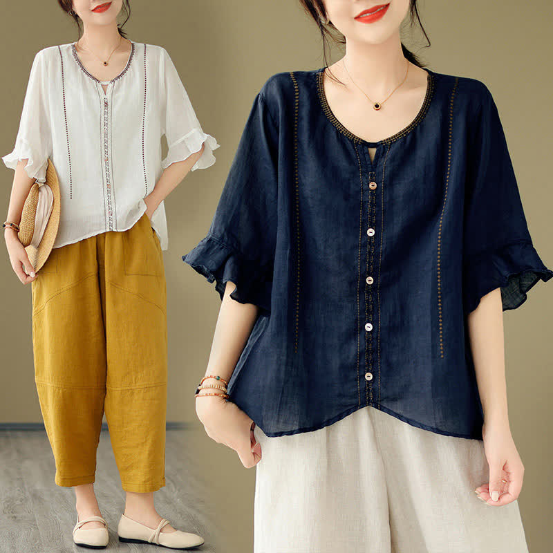 Buddha Stones Camisa de mujer de manga corta acampanada con cuello redondo y botones bordados - image 26