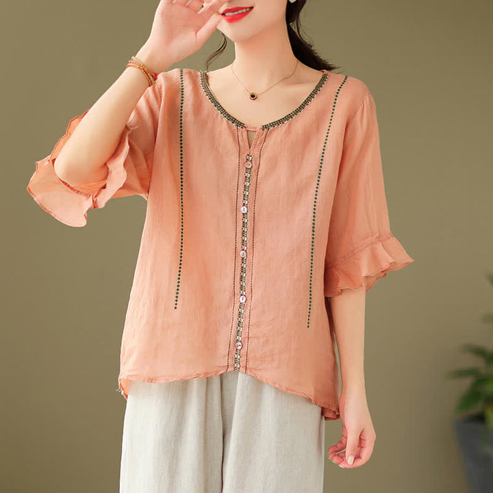 Buddha Stones Camisa de mujer de manga corta acampanada con cuello redondo y botones bordados - Salmón claro - Tejido ligero - image 20