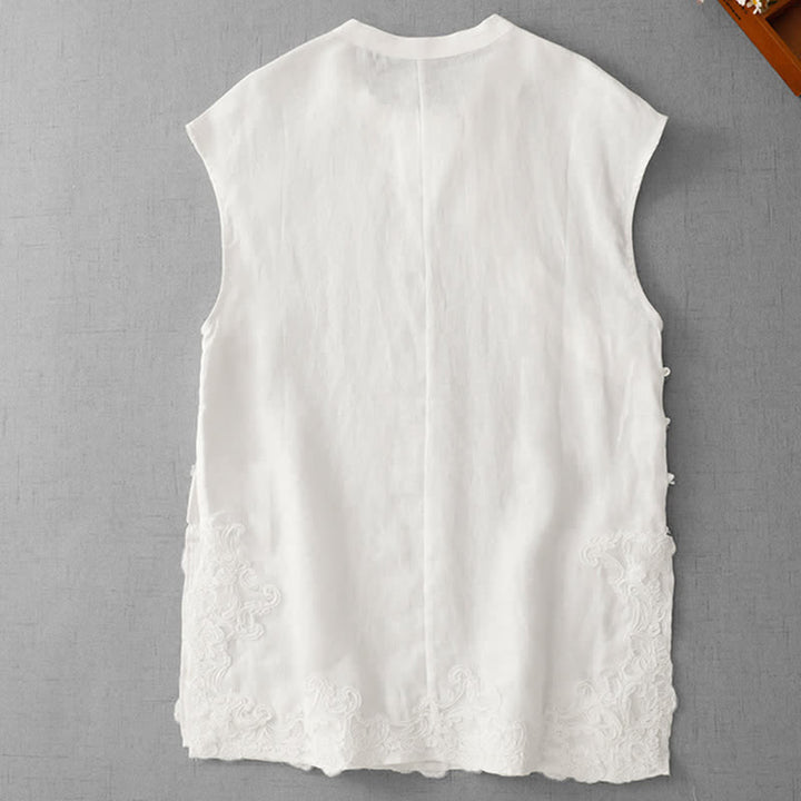 Buddha Stones Chaleco de algodón sin mangas para mujer con cuello alto, diseño de patchwork de encaje y botones de rana chinos. - Blanco - US12, UK/AU16, EU44 (2XL) - image 9