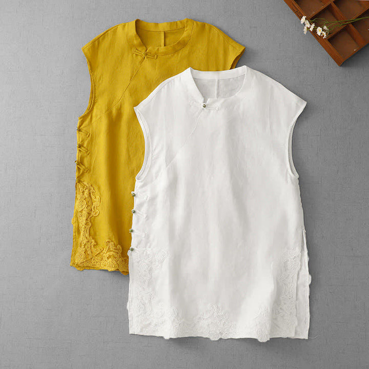 Buddha Stones Chaleco de algodón sin mangas para mujer con cuello alto, diseño de patchwork de encaje y botones de rana chinos. - image 20
