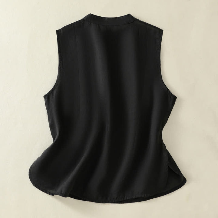 Buddha Stones Chaleco sin mangas de verano estilo retro con cuello alto y botones de rana para mujer - image 14