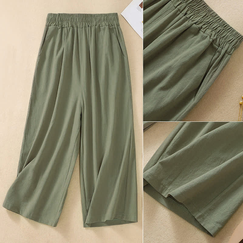 Buddha Stones Pantalones capri de algodón de talle alto y pierna ancha con bolsillos para mujer. - image 17