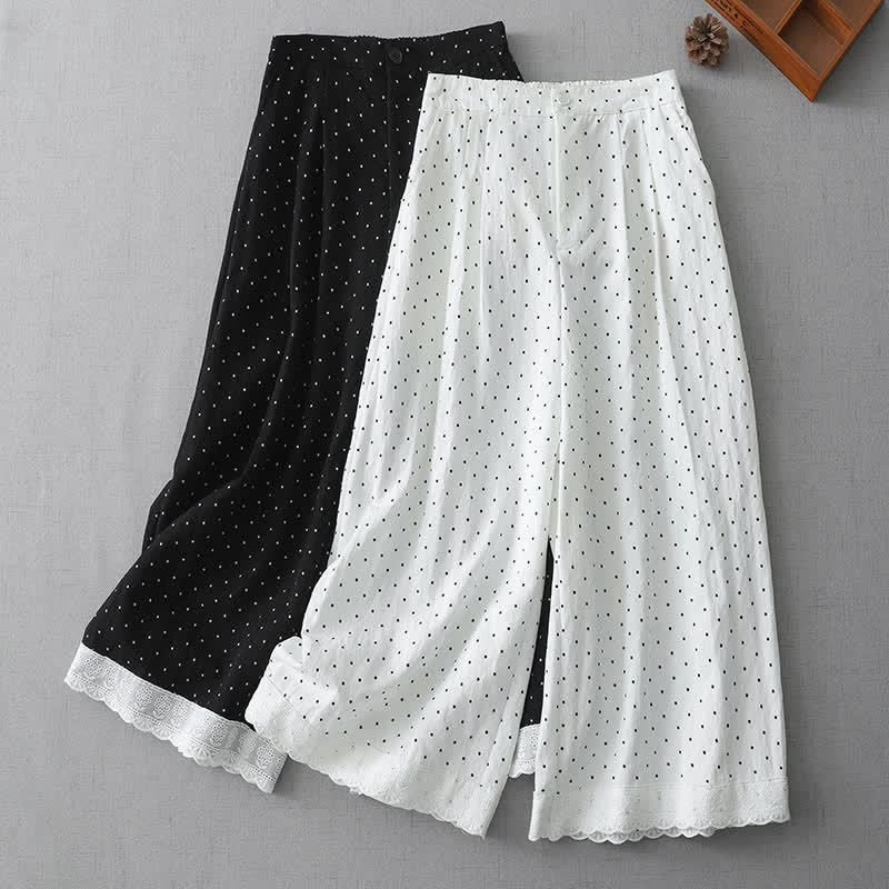 Buddha Stones Pantalones capri de mujer de algodón con estampado de lunares, encaje y patchwork, de pierna ancha y con bolsillos. - image 13