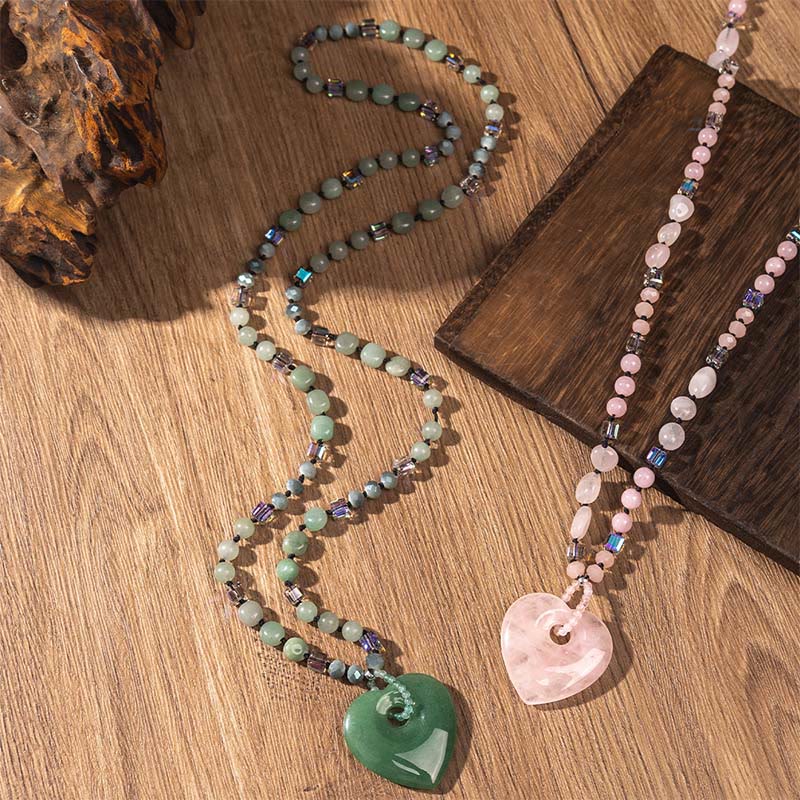 Buddha Stones Collar con colgante de cuentas de corazón de aventurina verde y cuarzo rosa, amuleto de la suerte. - image 7
