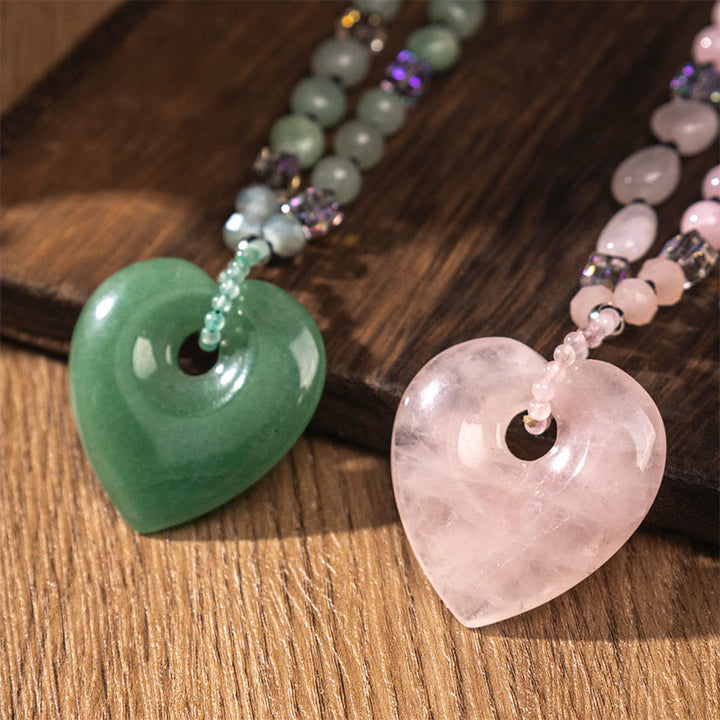 Buddha Stones Collar con colgante de cuentas de corazón de aventurina verde y cuarzo rosa, amuleto de la suerte. - image 9