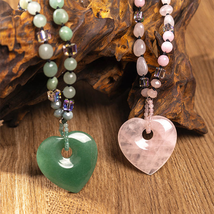 Buddha Stones Collar con colgante de cuentas de corazón de aventurina verde y cuarzo rosa, amuleto de la suerte. - image 0