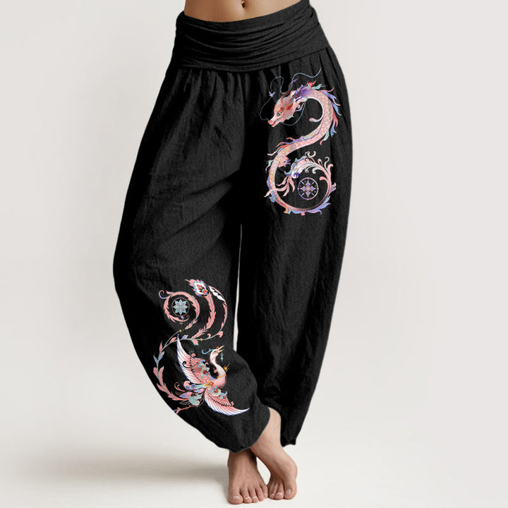 Buddha Stones Pantalones harem de algodón con estampado de dragón volador y fénix para mujer con cintura elástica. - Negro - US16，UK/AU20，EU48 (3XL) - image 0
