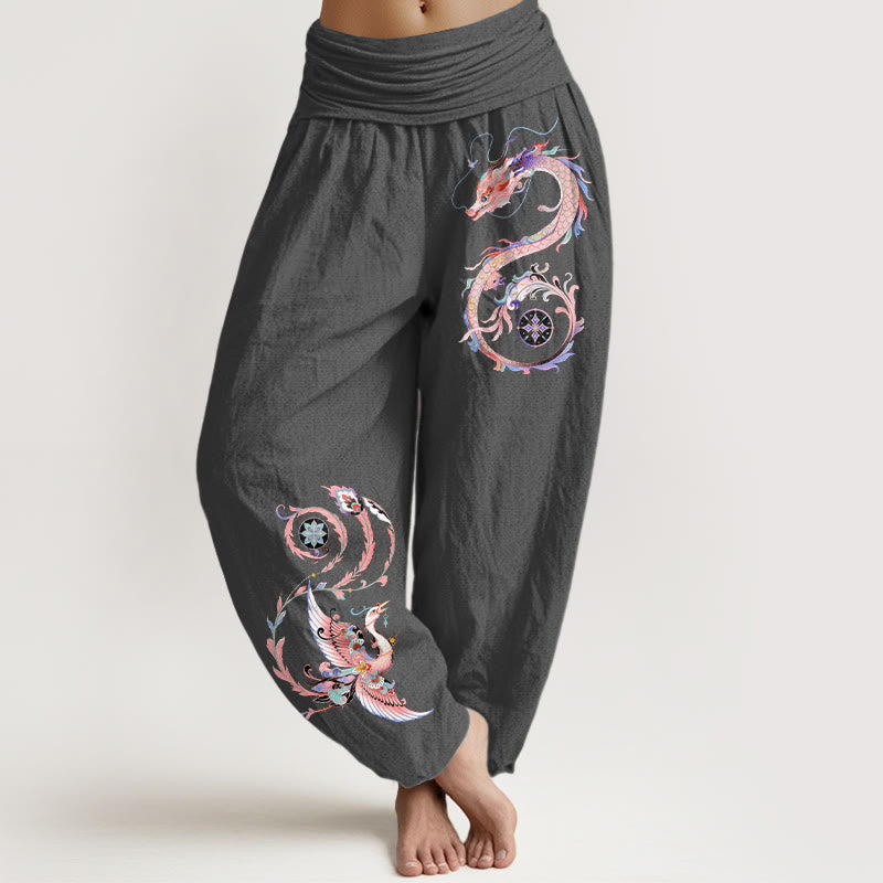 Buddha Stones Pantalones harem de algodón con estampado de dragón volador y fénix para mujer con cintura elástica. - Gris oscuro - US16，UK/AU20，EU48 (3XL) - image 11