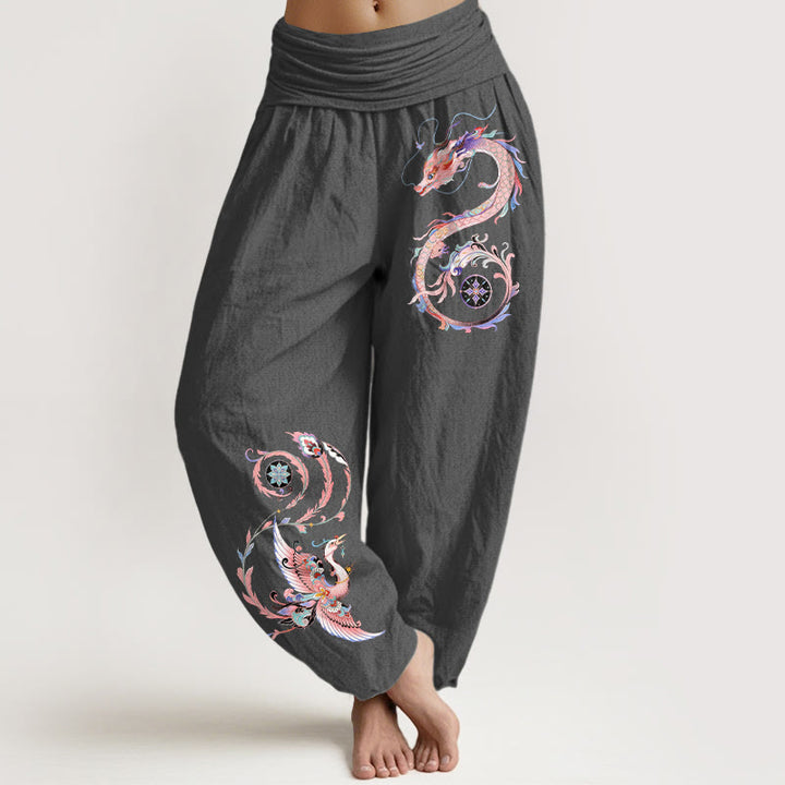 Buddha Stones Pantalones harem de algodón con estampado de dragón volador y fénix para mujer con cintura elástica. - Gris oscuro - US16，UK/AU20，EU48 (3XL) - image 11