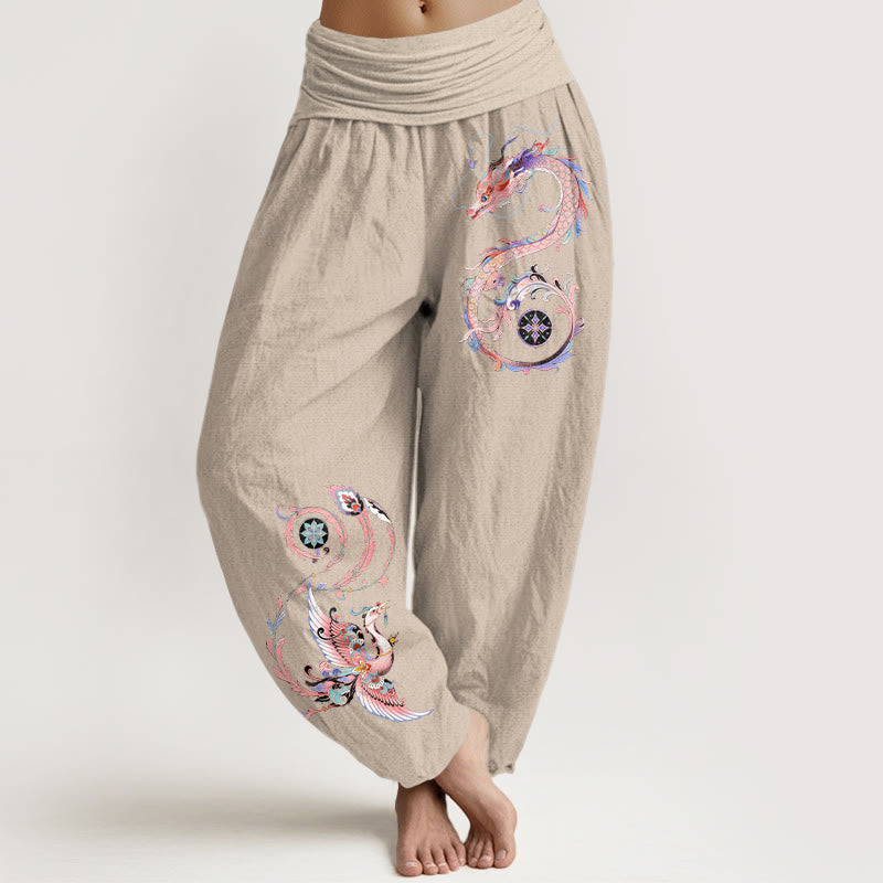 Buddha Stones Pantalones harem de algodón con estampado de dragón volador y fénix para mujer con cintura elástica. - Broncearse - US16，UK/AU20，EU48 (3XL) - image 5