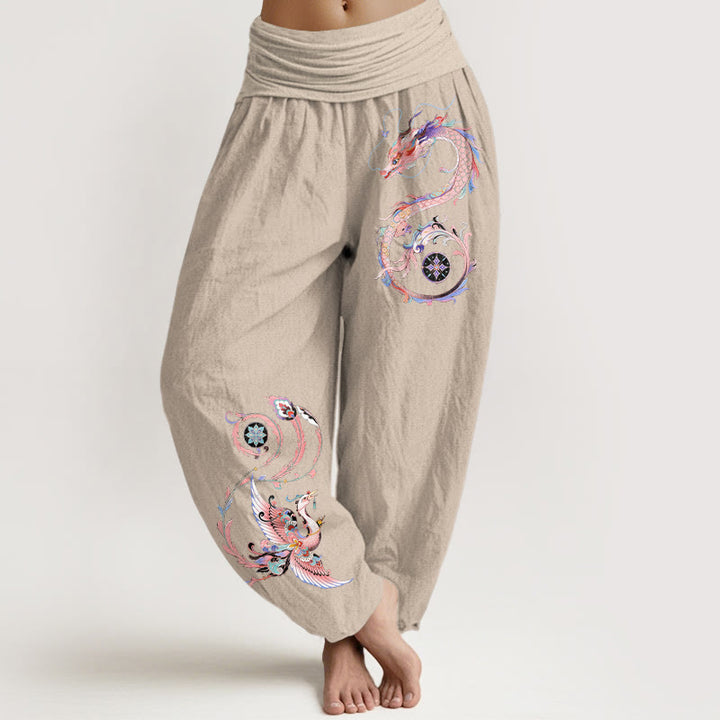 Buddha Stones Pantalones harem de algodón con estampado de dragón volador y fénix para mujer con cintura elástica. - Broncearse - US16，UK/AU20，EU48 (3XL) - image 5