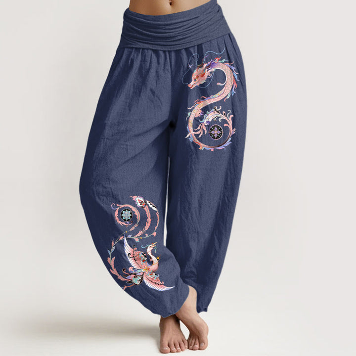 Buddha Stones Pantalones harem de algodón con estampado de dragón volador y fénix para mujer con cintura elástica. - Azul pizarra oscuro - US16，UK/AU20，EU48 (3XL) - image 8