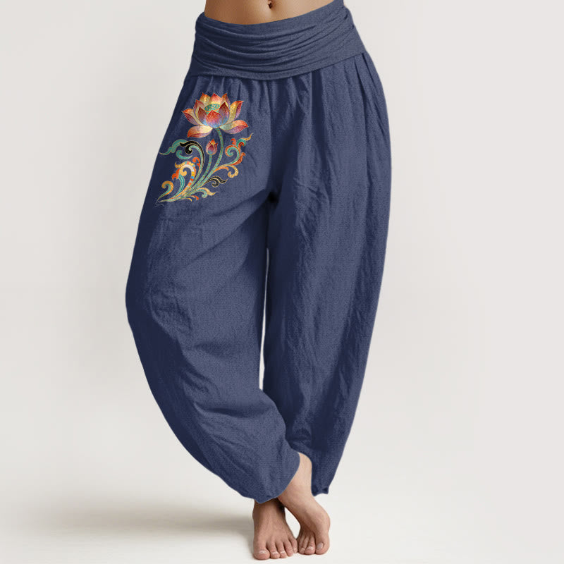 Buddha Stones Pantalones harem de algodón con estampado de flor de loto de colores para mujer con cintura elástica. - Azul pizarra oscuro - US16，UK/AU20，EU48 (3XL) - image 0